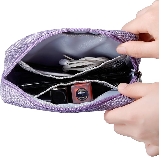 E-Tree Small Makeup Bag, Cosmetic Toiletry Skin Care Make up Little Items Pouch for Purse, Zipper Mini Tech Charger Cable Electronic Organizer Case, Travel Accessories for Women Men Teen, Purple - Image 3