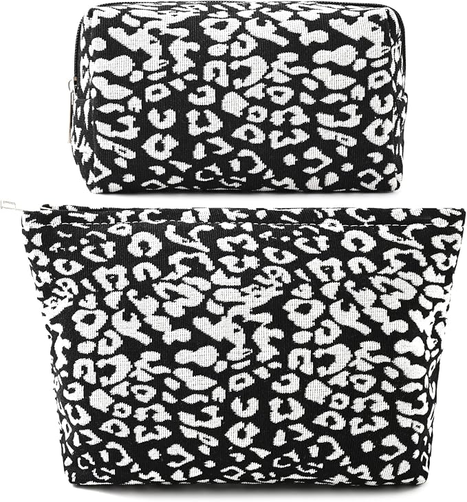 SOIDRAM 2 Pieces Leopard Print Makeup Bag Large Cosmetic Bag Capacity Canvas Mix Travel Toiletry Bag Organizer Cute Makeup Brushes Aesthetic Accessories Storage Bag for Women, Leopard Print Mix Black by SOIDRAM
