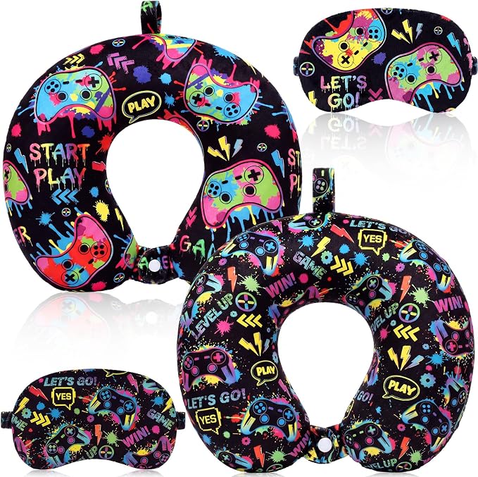 Gilprop 4 Pcs Game Travel Pillow with Sleep Eye Mask, U Shaped Memory Foam Headrest & Neck Pillow with Washable Cover, Soft Neck Head Support Travel Accessories for Airplane Car Train Bus Trips by Gilprop