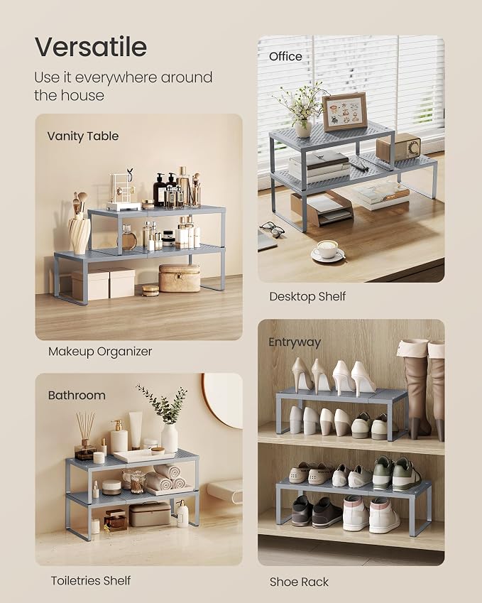 SONGMICS Spice Rack, Expandable Kitchen Countertop Shelf, Steel | Set of 2 small cupboard organizers, space-saving tabletop shelves, Silver, UKCS402FG01 - Image 5