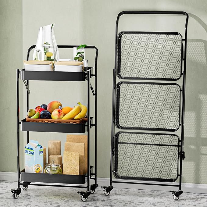 JAQ No Assembly Foldable Rolling Cart, 3 Tier Black Metal Folding Utility Cart with Handle, Heavy Duty Mobile Storage Organizer on Wheels for Office, Garage, Tools & Kitchen (Black) by JAQ-BuyNow