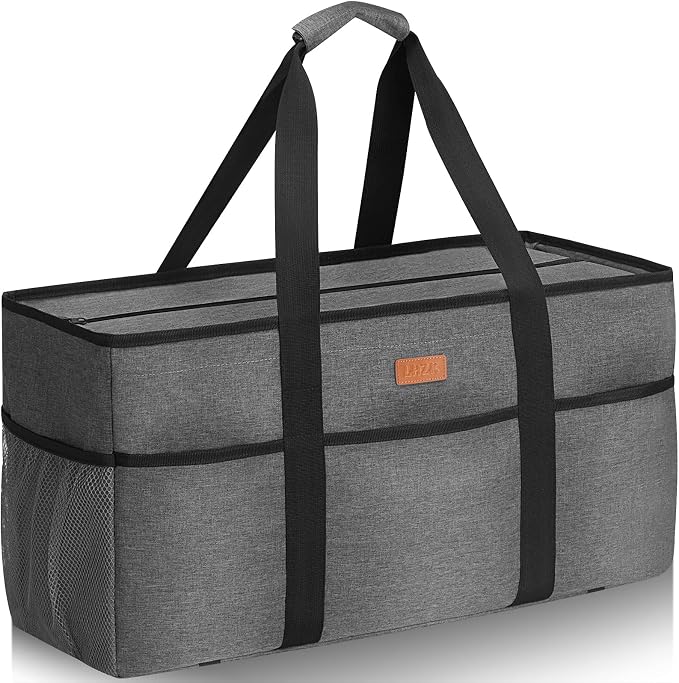 LHZK Stand Up Extra Large Utility Tote Bag with Lid, Utility Tote Bag with Metal Wire Frame and the Sides Rinforced, Reusable Grocery Bags Foldable, Beach Bag, Car Tote (Gray) by LHZK