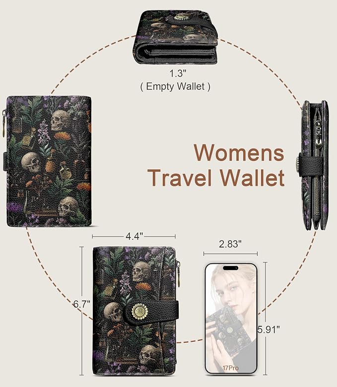 Goth Wallet Women RFID, Flower Passport Holder, Credit Card Holder | 6.7" x 4.4" x 1.3" Bifold, Travel billfold, Zipper Pocket, PU Leather, Clutch, Purse, ID Window, Pen Holder, Gift Ladies Girl - Image 5