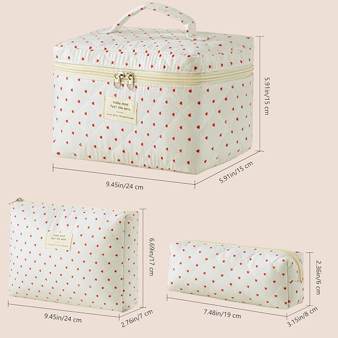 HBselect Quilted Makeup Bag, 3Pcs Cotton Large Travel Makeup Bags Organizer | Cute Floral Make up Bag Cosmetic Bag Toiletry Bag for Women Girls, Makeup Pouch for Skincare, Brushes & Travel Essentials - Image 6