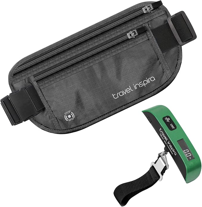 travel inspira RFID Blocking Travel Money Belt with Anti-Thief Zip - Slim Passport Holder and Digital Luggage Scale 110 Pounds, Battery Included by TravelInspira