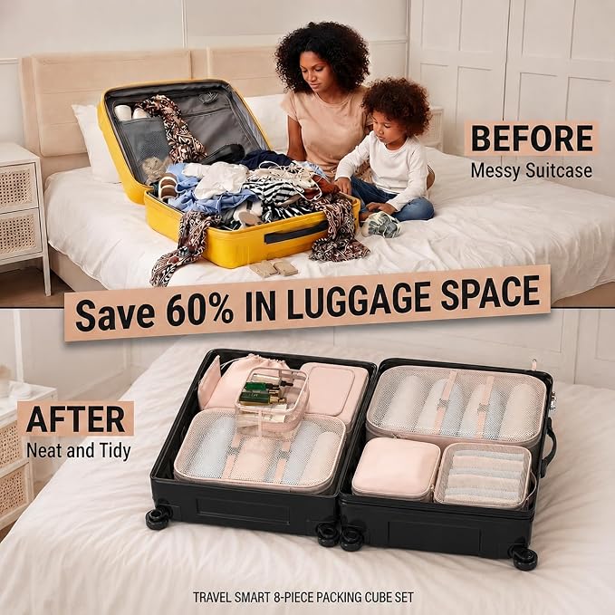 8 Set Packing Cubes for Travel with Clear Toiletry Bag, Durable Luggage Packing Organizers, Carry-On Accessories, TSA Approved See-Through Cubes, Space-Saving Storage Bags, Gifts for Women - Image 7