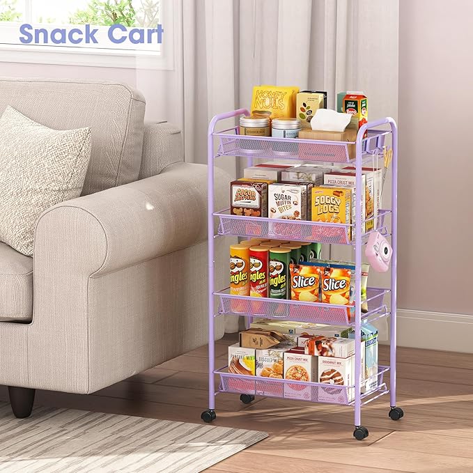 TOOLF 4 Tier Rolling Cart, Metal Utility Storage Cart with Wheels, Purple | 3 Hooks, Screwless Assembly, Trolley Organizer for Bathroom, Kitchen, Office, Nursery, Dorm, Laundry Room - Image 7