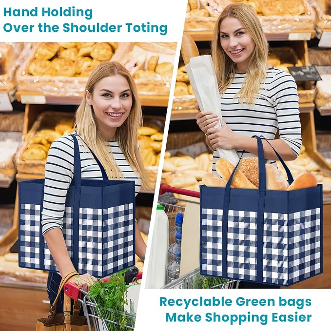 WOWBOX Reusable Grocery Bags, Foldable Reusable Shopping Tote Bags | 4-Pack Large Storage Bags bulk with Reinforced Handles and Water Resistant Coating for Groceries,Multipurpose,Blue-White - Image 2