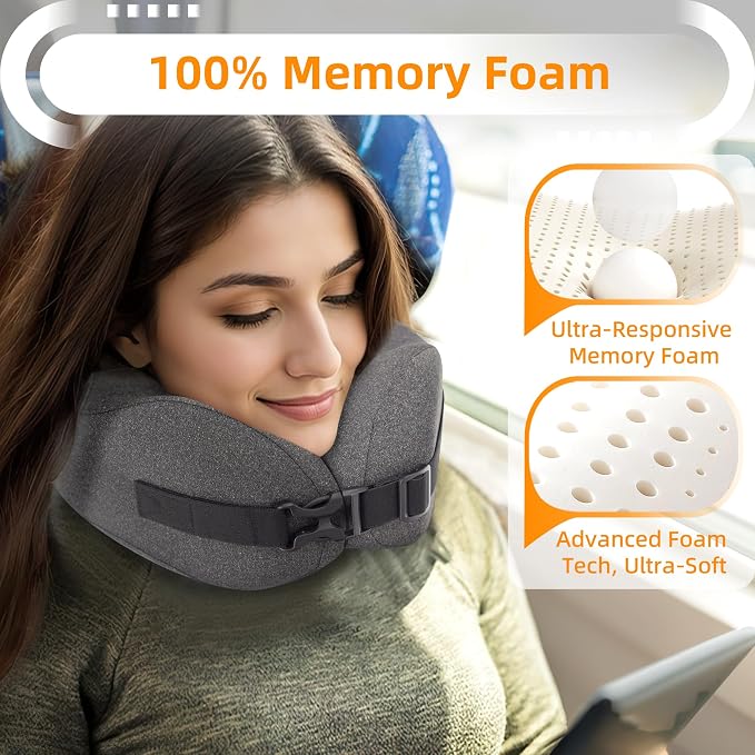 Neck Pillow Airplane Travel Set - Pure Memory Foam Travel Neck Pillow, Plane Pillow for Long Flights Essentials, Sleeping with 3D Contoured Eye Mask, Earplugs, Portable Bag (DeepGray) - Image 5