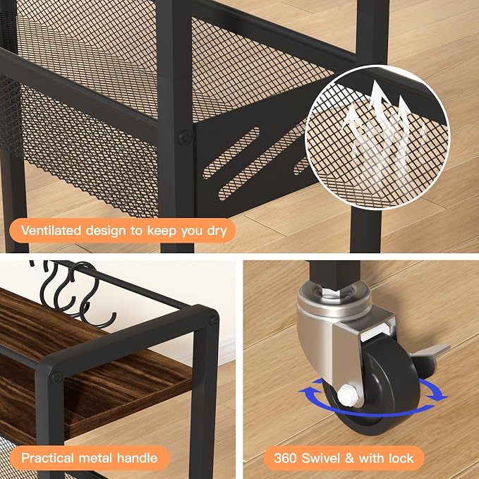 DGSNADGO Slim Rolling Storage Cart, 4-Tier Narrow Kitchen Cart with Wheels | Metal Mobile Snack Shelving, Rolling Spice Rack for Small Space in Kitchen, Living Room, Bathroom, Rustic Brown and Black - Image 6