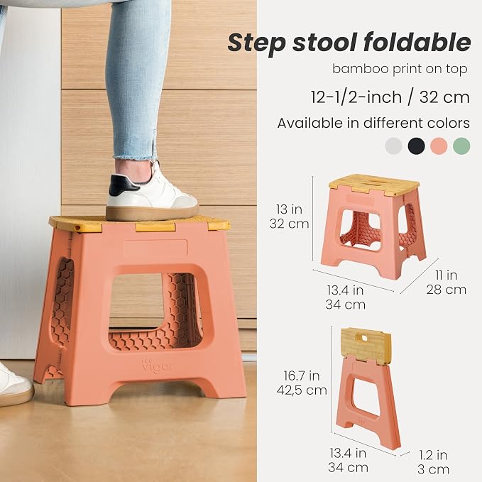 Vigar Compact Folding Step Stool, 12-1/2 in, Orange Bamboo Print | 12-1/2 in Foldable Stool, Lightweight Portable Design, Handle, Non Slip Surface, Space-Saving, Supports up to 330 lb - Image 2