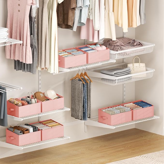 DIMJ Large Closet Shelf Organizer Bins 8 Packs with Handles and Divider, Fabric Trapezoid Storage Baskets, Foldable Clothes Containers Box for Shelf, Towel, Book, Toy, Purse, Hats, Pink - Image 7