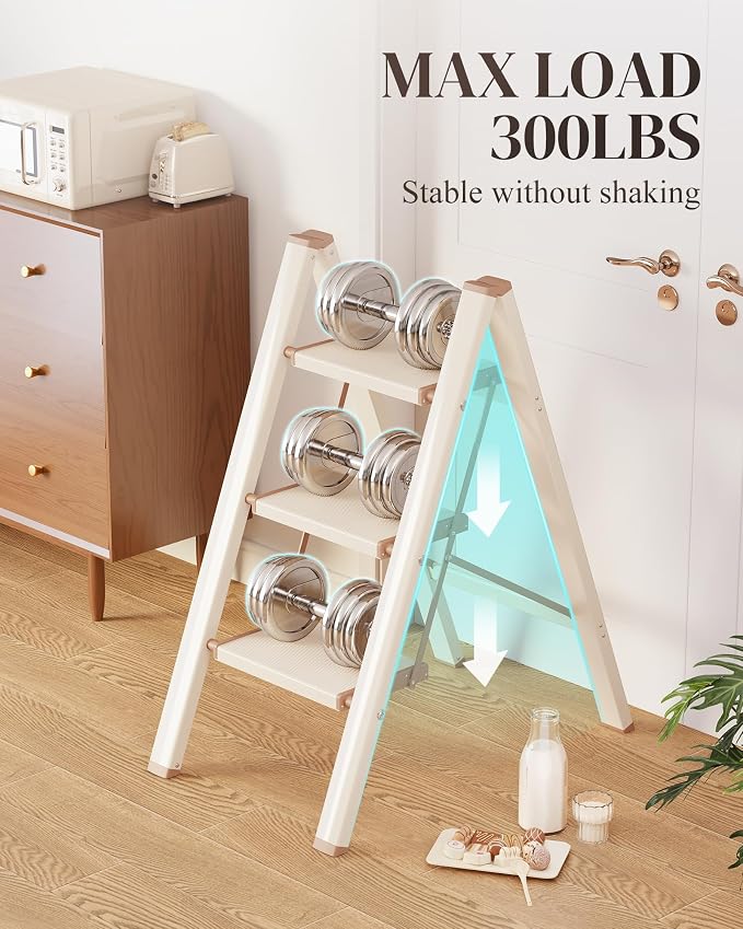 3 Step Ladder, Foldable Aluminum Step Stool with Anti-Slip Pedal | Lightweight yet Sturdy, Portable, Non Slip Feet, 300Lbs Capacity, Elegant Look, for Kitchen, Closet, Pantry, Cream Chocolate - Image 4