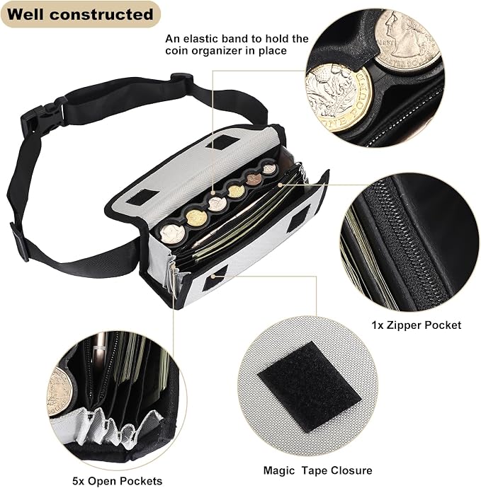 BSTKEY US Coin Holder Coin Dispenser, Fanny Pack with Banknote Waiters Purse Coin Sorter Coin Organizer, Coin Storage Bag with Belt for Waitress Server Collector Cashier Change （Gray） - Image 3