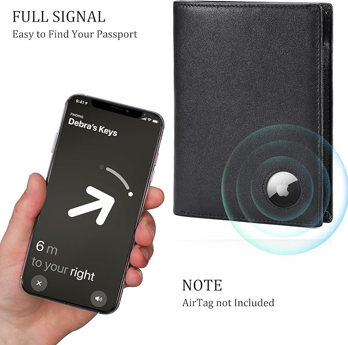 Polare Leather AirTag Passport Holder RFID Blocking Travel Bifold Wallet | Luxury Napa Cowhide Leather, AirTag Slot, Vintage Passport Cover Case, International Travel Wallet, Black - Image 3