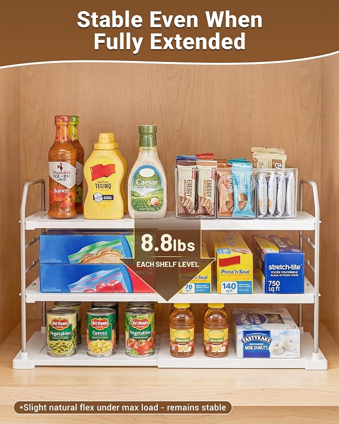EVERIE Extendable 3-Tier Kitchen Cabinet & Pantry Organizer for Plastic Wrap, Foil & Storage Bags, Adjustable Heavy Duty Shelf Rack for Wrap Boxes, Jars & Snack Boxes (11–16.7 in Wide), Pack of 2 - Image 5
