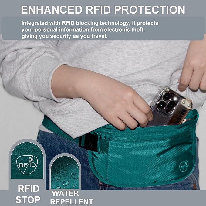 Money Belt, Hidden Travel Wallet for Passport, RFID Blocking Passport Pouch, Undercover Fanny Pack(Green) - Image 7