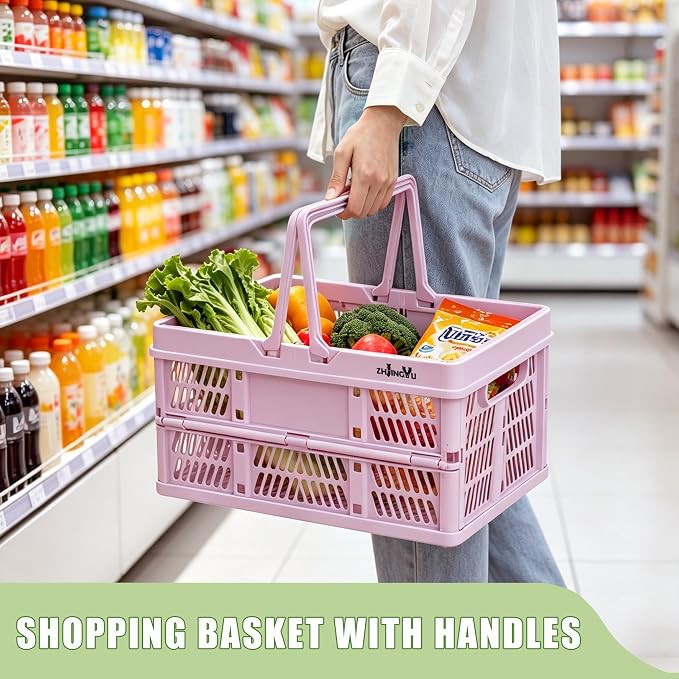 20L Pink Foldable Plastic Storage Crate Collapsible Shopping Basket | plastic baskets with handles for organizing,14.96" x9.84"x 7.87" basket for Trunk Milk Dairy Kitchen,Bathroom,school,office - Image 2