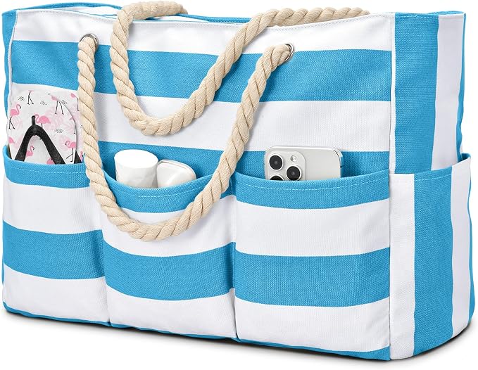 Becokan Beach Bags for Women Canvas Large Beach Tote Bag Zipper Waterproof Sandproof Foldable Swim Pool Bag with 7 Pockets by BecokanBeachBagSpecialist