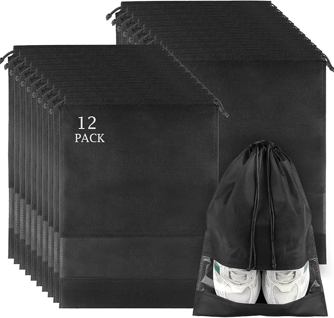 12 Pack Shoe Bags for Travel, Large Travel Shoe Bag for Packing with Window | Dustproof Drawstring Travel Shoe Storage Bags Travel Essentials for Men & Women, Black by COIDEA