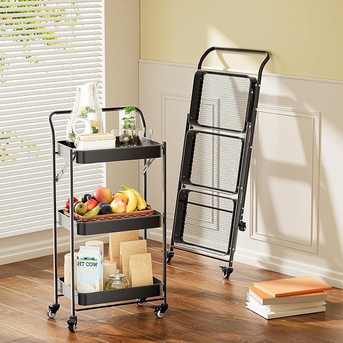 JAQ No Assembly Foldable Rolling Cart, 3 Tier Black Metal Folding Utility Cart with Handle, Heavy Duty Mobile Storage Organizer on Wheels for Office, Garage, Tools & Kitchen (Black) - Image 4