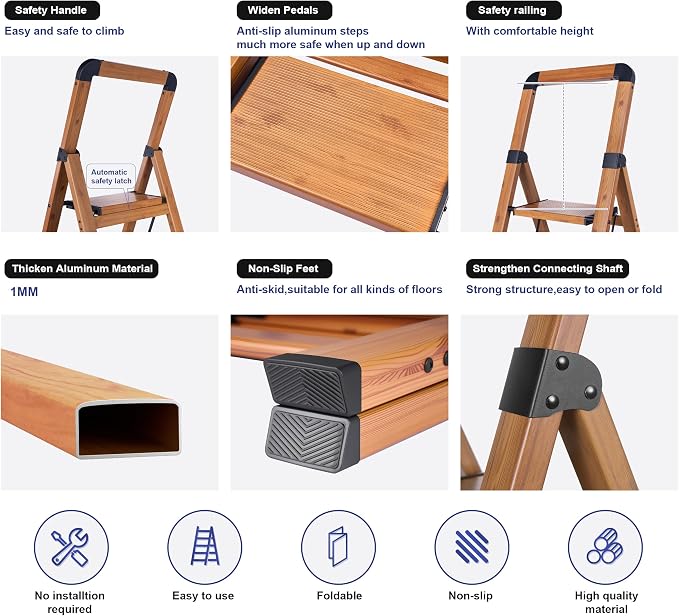 Step Ladder 2-Step Woodgrain Finish Aluminum Folding Ladders | Anti-slip Sturdy Foldable Ladder Step Stool for Kitchen Home Office Libaray - Image 3