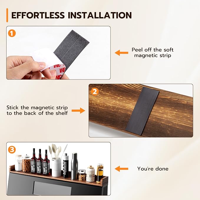 Fun Memories Stove Top Shelf, 30" Magnetic Shelf for Kitchen Stove, Pine Wood Stove Shelves, Wall Mounted Shelves for Home Storage Organization, Heat and Pressure Resistant, 1pcs, Dark Brown - Image 4