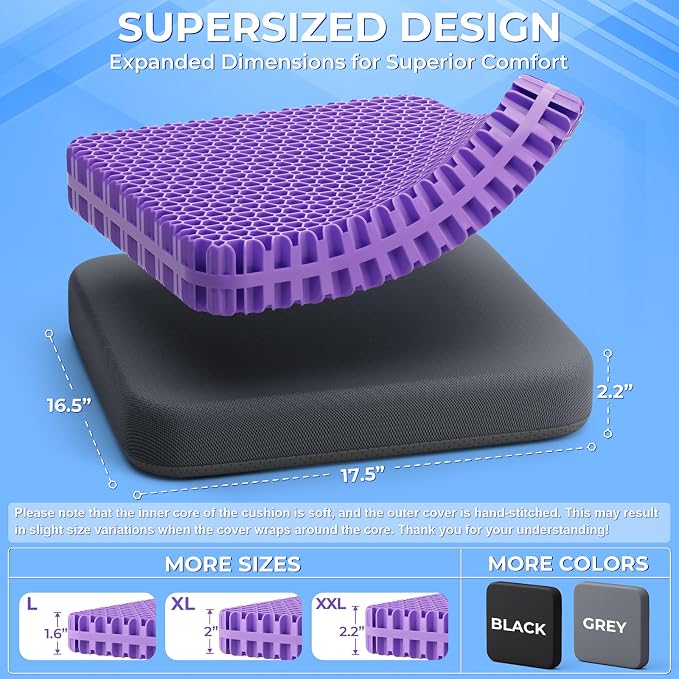 TushGuard Gel Seat Cushion for Long Sitting, Breathable Thick Patent Design | Enlarged Cooling Chair Pad for Office Chair, Wheelchair, Desk Chair, Supportive Car Cushion (Standard, Grey+Violet) - Image 2