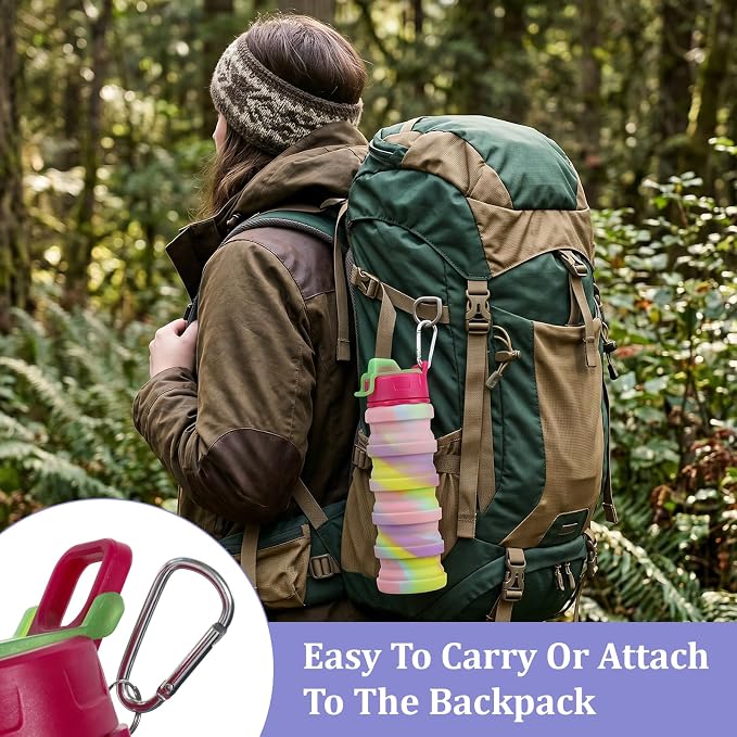 8 Pcs Collapsibles Water Bottles, 16 oz Portable Foldable | Water Bottle with Metal Clip Silicone Leakproof Travel Water Bottle Reusable Sports Waters Bottles for Travel Camping Cycling - Image 6