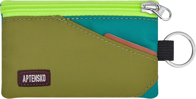 RFID Blocking Travel Wallet with Adjustable Lanyard, Small Nylon Zipper Pouch and Badge Holder for ID, Credit Cards, Cash, Keys, Commuters (OliveGreen+Turquoise) by APTENSKO