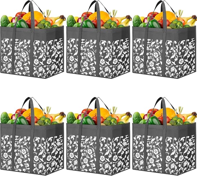 Reusable Grocery Bags Foldable Tote Bags bulk Shopping Bags 6-Pack, Grey | Reinforced Handles Shopping Bags for Groceries Heavy Duty Kitchen Reusable Grocery Bags with Waterproof Coating by WOWBOX