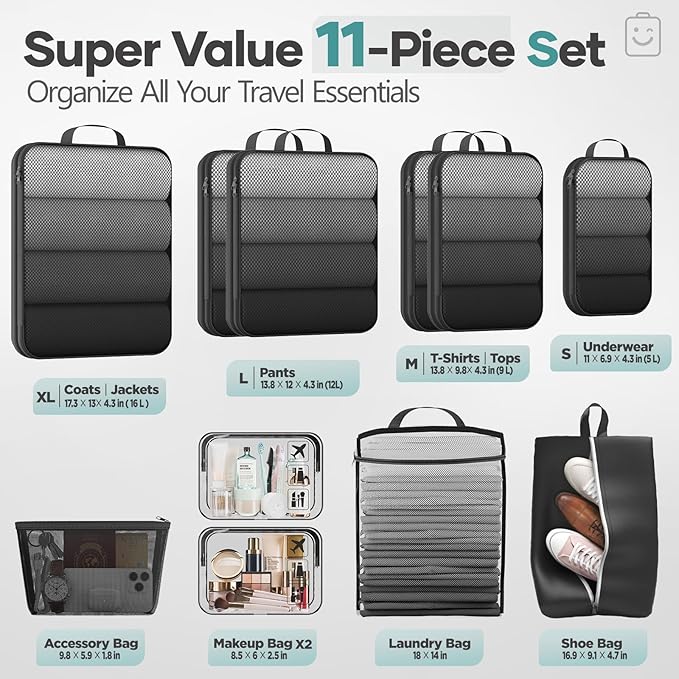 Veken 11 Set Compression Packing Cubes Garment Bags for Travel Essentials,Compressible Expandable Luggage Organizer Bags for Clothing,Space Saver Bags with Over 1000 pcs of Mesh Holes(Black) - Image 2
