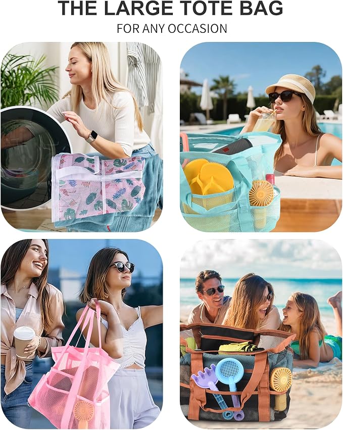 Genteen 40L Mesh Beach Bag, Foldable Sandproof Tote with Waterproof Pocket Quick Dry for Women Family Pool Vacation - Image 2
