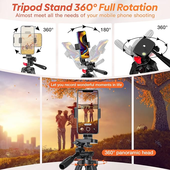 65" Phone Tripod Stand for iPhone Camera Wireless Remote & Holder | 574g Ultra-Lightweight 65" Height. Max Load 4.4lb. 360° Pan Head for Vlogging. Includes Bluetooth Remote & Tripod Carry Bag - Image 6