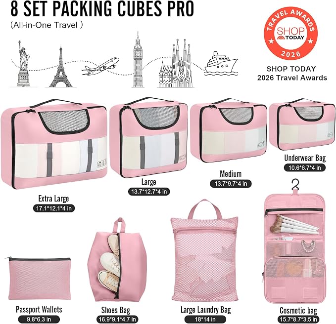 Veken 8 Set Packing Cubes for Travel Essentials,Anti-Wrinkle Buckled Suitcase Organizer for Shoe & Toiletry Bag,Carry On Luggage Bag with 99+ Count Mesh Holes for Airplane & College Dorm Accessories - Image 2