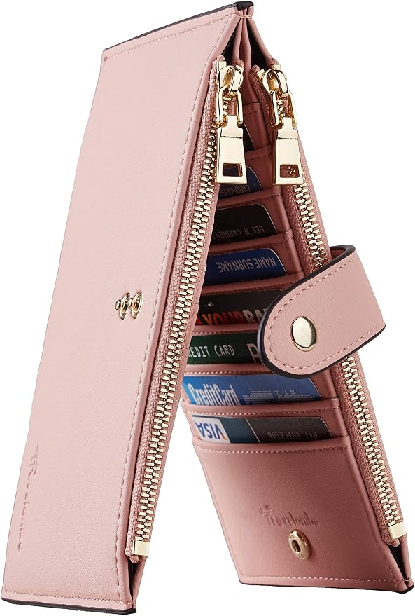 Travelambo Womens Leather Bifold Wallet, Slim RFID Blocking Card Holder | Large Capacity, 16 Card Slots & ID Window, 2 Zipper Pockets, Dual Snap Closure, Slim Lightweight, RFID Privacy Protection by Travelambo