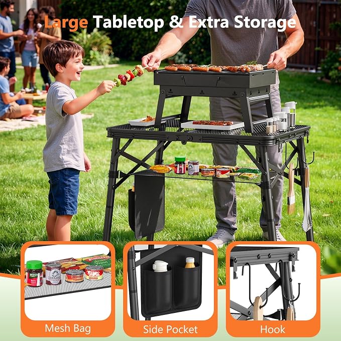 Raynesys Portable Folding Grill Table for Outside for Picnic, Camping | 3 Height Adjustable Small Camping Table with Mesh Bag, Metal Aluminum Folding Table, 23.62 x 15.75 inches, Black - Image 3
