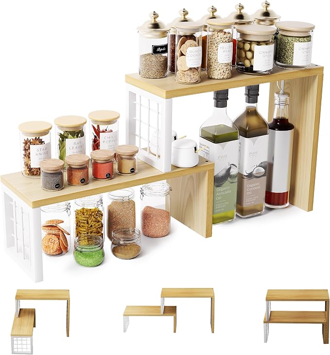 Kitchen Countertop Organizer, 2 Tier Corner Counter Shelf, Beige | Adjustable Cabinet Organizer Shelf, Spice Rack, for Kitchen, Coffee Station, Stackable, Expandable, Fits Corners by FOFARY