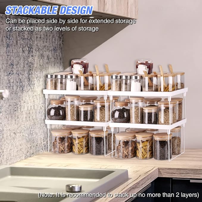NiHome 4-Pack Stackable Plastic Kitchen Storage Shelf Foldable Rack, White | Stackable Kitchen Cabinet Organizer and Storage Shelves, Expandable Storage Racks for Counter Cabinet Pantry - Image 8