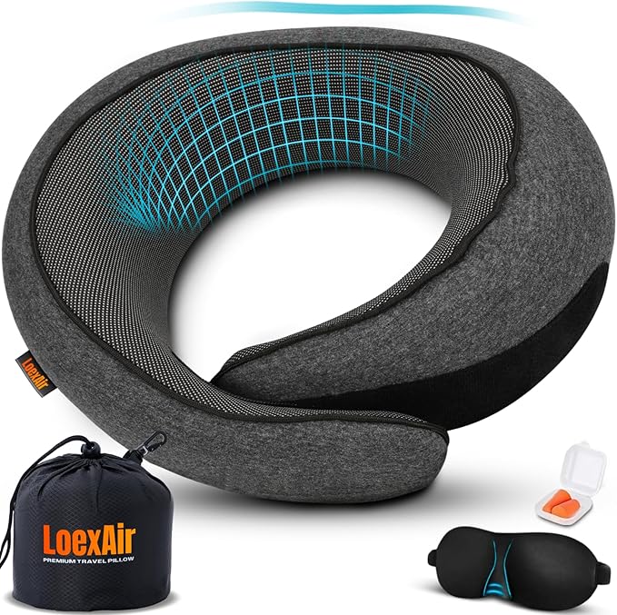 LOEXAIR™ Travel Pillow, Neck Pillow Travel for Airplane, Car - 100% Cotton Fabric & Memory Foam Plane Pillow, Lightweight & Easy-to-Carry on Flight, Full Travel Set (Eye Mask, Earplugs) - Dark Grey by LoexAir