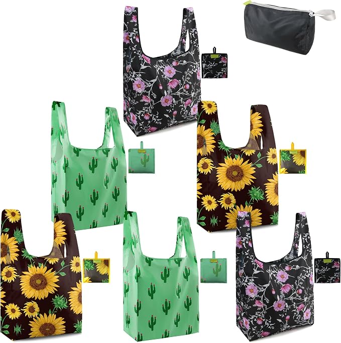 BeeGreen Floral Reusable Grocery Bags Bulk 6 Packs X-Large50LBS, Reusable Shopping Bags Foldable for Groceries, Vegetables, Fruits Bulk Tote Bags Washable For Women Men by BeeGreen