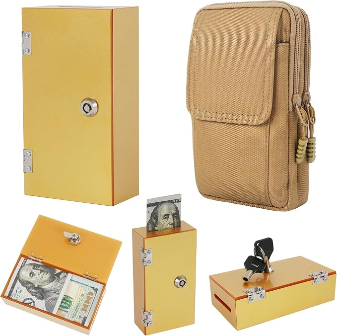 Acrylic Cash Box for Gambler Extra Large, Sparkling Glitter Gold Winners Bank for Casino, Control Gambler, Compact Portable Secure Money Organizer Safe Lock Box with Keys &Storage Waist Bag by ClarityCraze