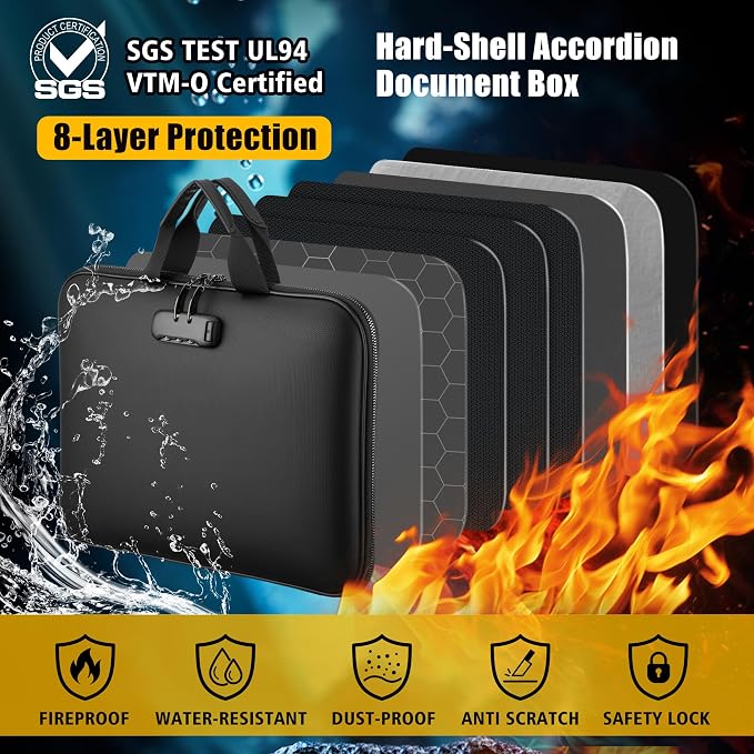 facka Fireproof Document Box with Lock, Hard-Shell Safe File Organizer | 13-Pocket Accordion Folder for Important & Legal Documents, Laptop, Passport, Cards & Valuables, Home Office Travel Black - Image 4