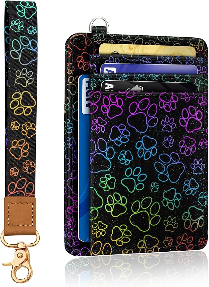Yonlevres Dog Paw Credit Card Holder Slim RFID Wallet Women Wristlet Small | Front Pocket, Handy, RFID Blocking, Woman Girls Ladies Gifts, D-ring for Keychain,Thin Mini Card Case, ID Window, PU Leather by Yonlevres
