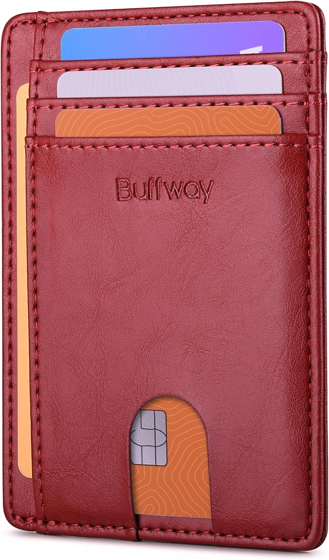Buffway Slim Minimalist Front Pocket RFID Blocking Leather Wallets for Men and Women - Alaska Cherry by Buffway