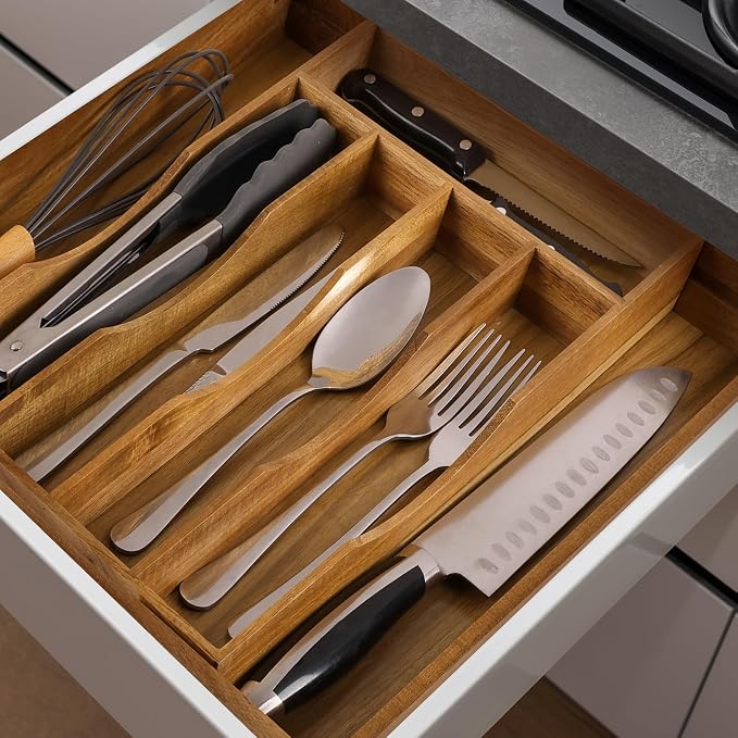 Expandable Acacia Kitchen Drawer Organizer for Cutlery and Utensils, Adjustable Acacia Wood Cutlery Tray in Drawer for Flatware and Silverware in Kitchen - Image 4