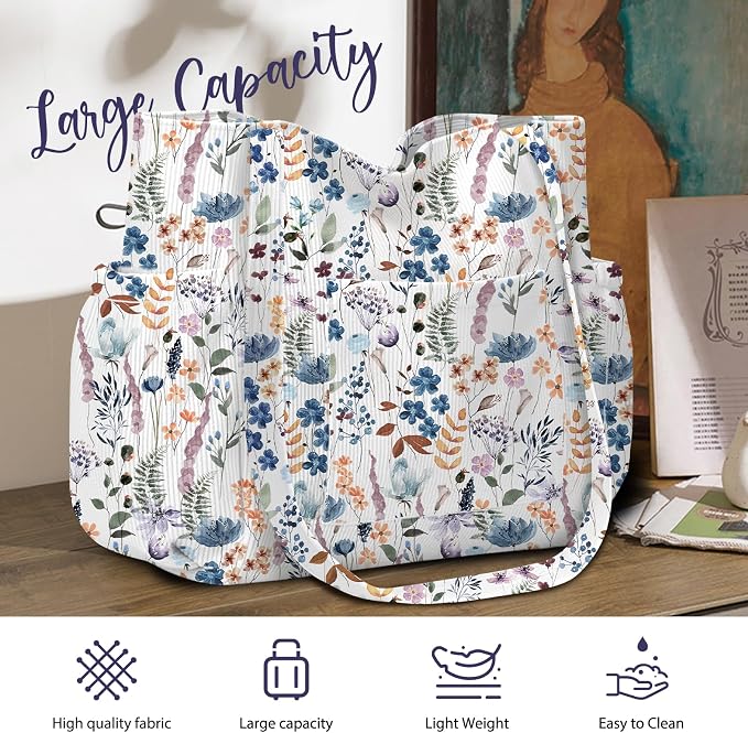 Corduroy Tote Bag for Women,Large Capacity Cute Tote Bags With 6 Pockets,Crossbody Shoulder Handbag for Work Travel Gym - Image 4