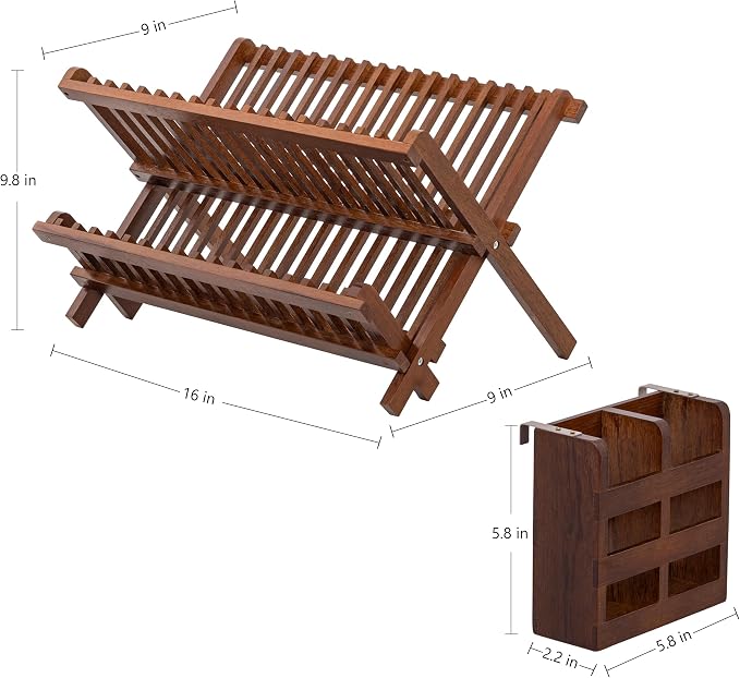 HBlife Dish Rack,Teak Folding 2-Tier Collapsible Drainer Dish Drying Rack with Utensils Flatware Holder Set (Dish Rack with Utensil Holder) - Image 2