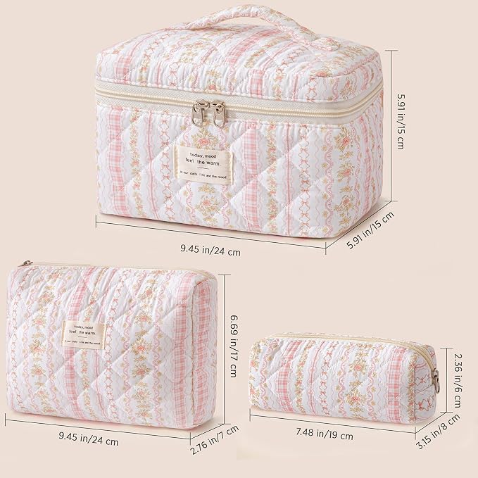 HBselect Quilted Makeup Bag, 3Pcs Cotton Large Travel Makeup Bags Organizer | Cute Floral Make up Bag Cosmetic Bag Toiletry Bag for Women Girls, Makeup Pouch for Skincare, Brushes & Travel Essentials - Image 6
