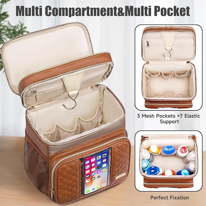 Large Leather Toiletry Bag for Women Men,Bathroom Bag,Water Resistant Shower Bag,Makeup Bag,Portable Shower Caddy for College Dorm,Hanging Travel Toiletry Bag with Transparent Waterproof Phone Pocket - Image 5